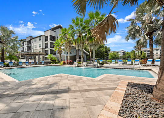 a swimming pool with palm trees and buildings in the background at Pavilion Luxury Apartments, Riverview, FL, Florida
