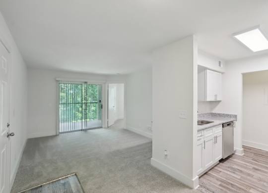 A spacious, empty room with a sliding glass door leading to a backyard.