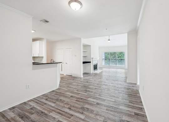 Entrance view of  kitchen and living area.