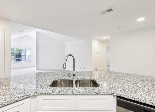 A kitchen with a granite countertop and a stainless steel sink.