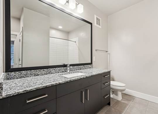 A modern bathroom with granite countertops,  a sink, mirror, and toilet.
