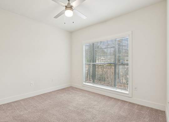 A large bedroom with a ceiling fan and a window with blinds. that has a great view of nature