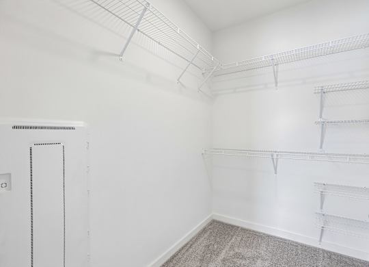 A white closet with shelves and a door.