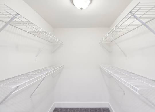 Spacious walk-in closet with shelves.