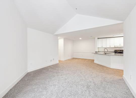 A spacious living room with a carpeted floor and white walls.