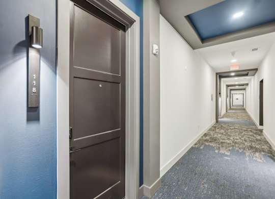 Hallway with blue walls and beautiful carpet- the entrance to an apartment