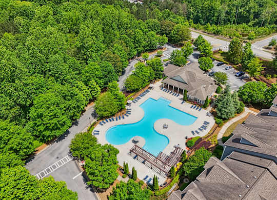 An aerial view of a swimming pool surrounded by trees.