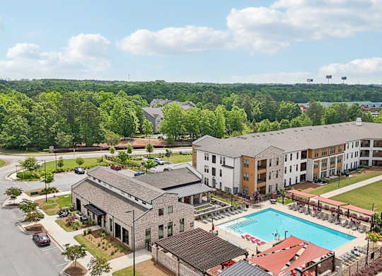 Station 75 birds eye view of pool and buildings