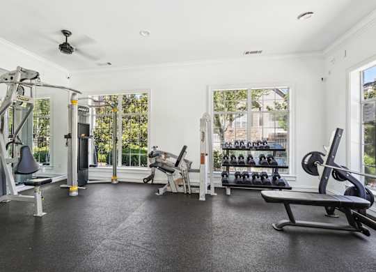 A spacious gym with a variety of equipment.