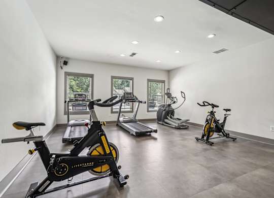 Exercise bikes is in a spacious room with treadmills