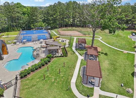 pool, tennis court, pergolas
