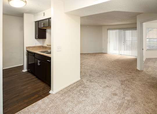 A kitchen area with a counter and cabinets.