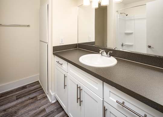 A bathroom with a sink, mirror, and wooden floors.