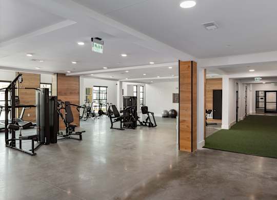 A gym with a variety of equipment including treadmills, weights, and exercise machines.