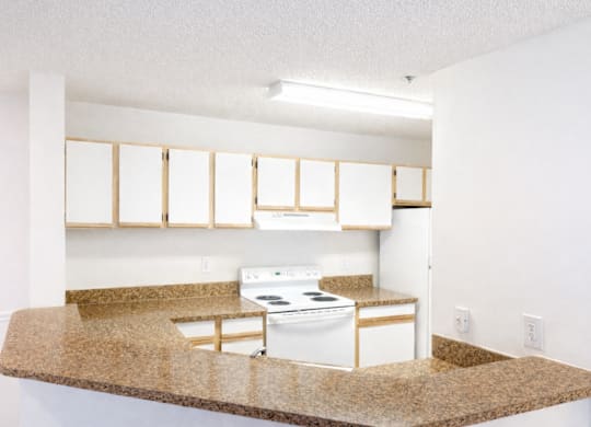 A kitchen with white appliances and a granite countertop.
