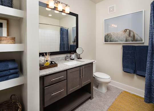 A bathroom with a toilet, sink, shower, shelving storage, and a mirror.