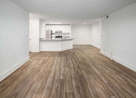 faux wood flooring in kitchen, living and dining room