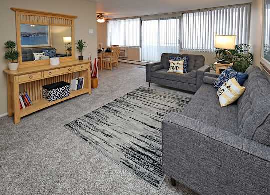 2 Bedroom 2 Bath Model Suite Living Area at Harbor Crest Apartments in Euclid OH