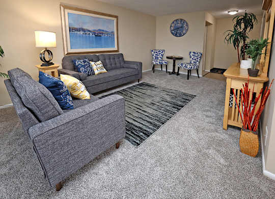 2 Bedroom 2 Bath Model Suite Living Area at Harbor Crest Apartments in Euclid OH
