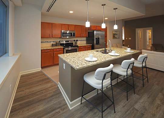 Kitchen with Granite Countertops Island at Residences At 1717, Cleveland, OH, 44114
