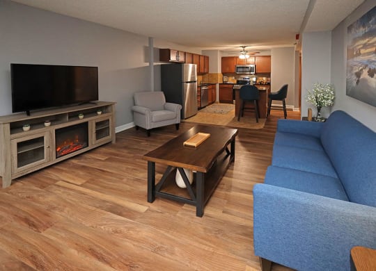 Newly Renovated Model Suite at Reserve Square in Cleveland OH - Living Area with Brand New Hard Surface Flooring