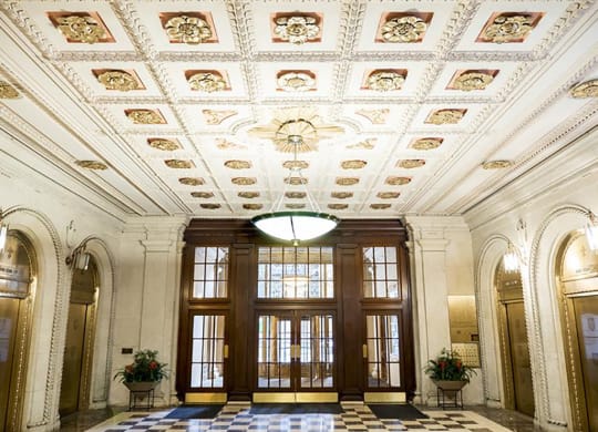 Ornate Marble Lobby with Tiffany Elevators at Residences at Leader, Cleveland, 44114