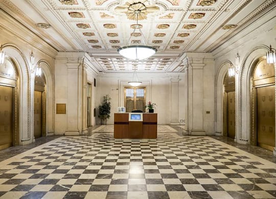 Lobby with Tiffany Elevators at Residences at Leader, Cleveland, OH, 44114