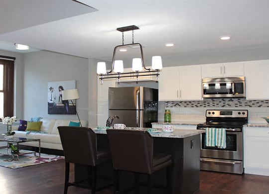 Gourmet Kitchen With Island at Residences at Leader, Cleveland, OH
