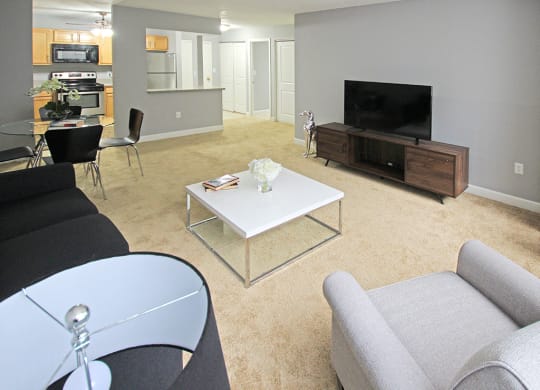 P2 Upgraded Model Living Room with New Carpet and Paint at Reserve Square, Cleveland, OH