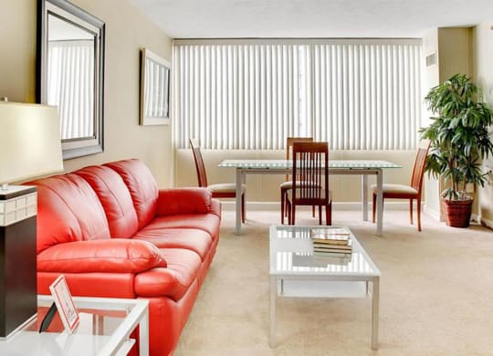 P1 Standard Model Living Room with Vertical Blinds at Reserve Square, Ohio, 44114
