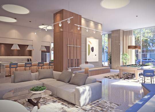 A modern living room with a large white sofa and a wooden cabinet.