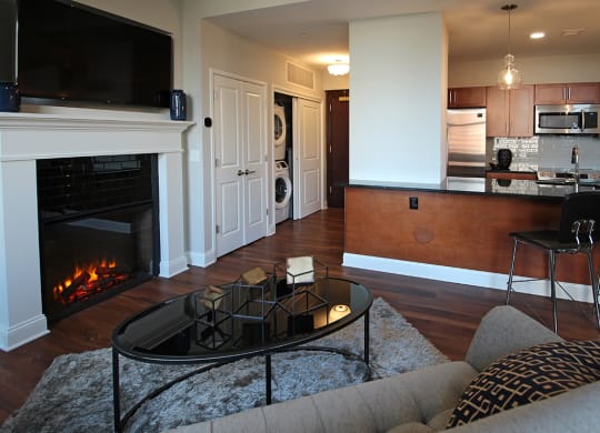 Living Room With Kitchen View at The Terminal Tower Residences Apartments, Ohio, 44113