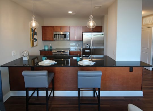 Gourmet Kitchen With Island at The Terminal Tower Residences Apartments, Cleveland, OH, 44113