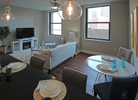 Living Room With Dining Area at The Terminal Tower Residences Apartments, Cleveland, 44113