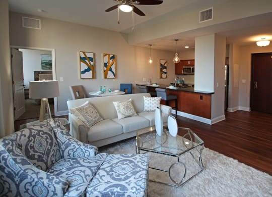 Living Room With Kitchen View at The Terminal Tower Residences Apartments, Cleveland