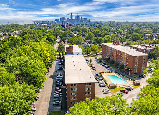 A view of a city skyline from a high vantage point.