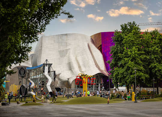 Museum of pop culture with playground and lawn at Axis Seattle Apartments, Washington