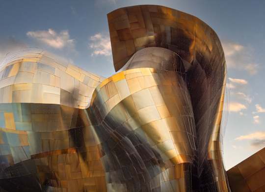 Contemporary metallic sculptural architecture detail at Axis Seattle Apartments, Seattle, 98109