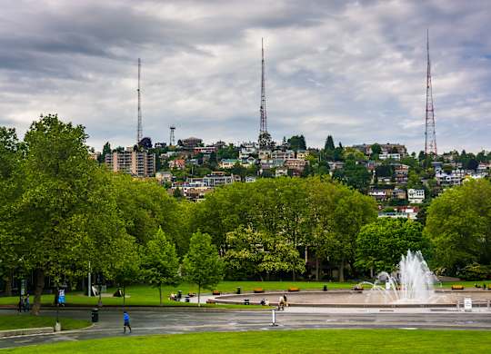 City skyline view with park and fountain at Axis Seattle Apartments, Seattle, 98109