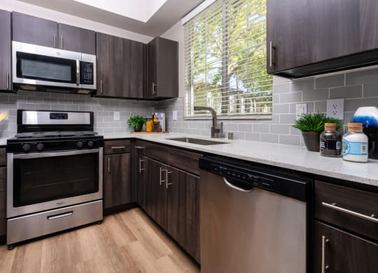 Spring Valley, NV, 89147 Apartments - Alicante - Kitchen with Hardwood-Style Floor, Quartz Countertops, Stainless-Steel Appliances, and Wooden Cabinets