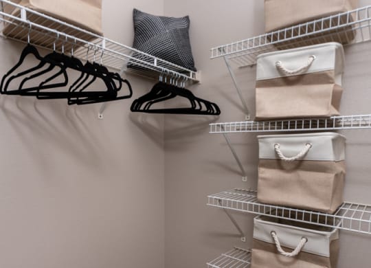 a walk in closet with bags and shelves