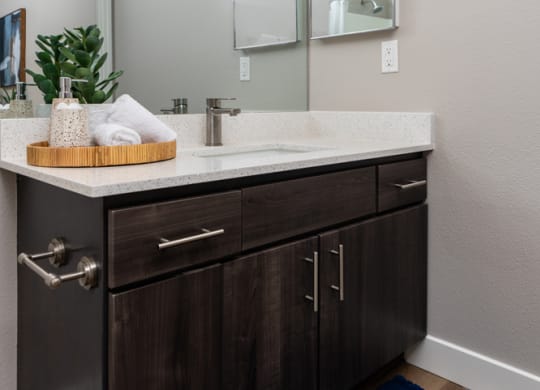 the retreat apartments renovated bathroom with counter top and mirror
