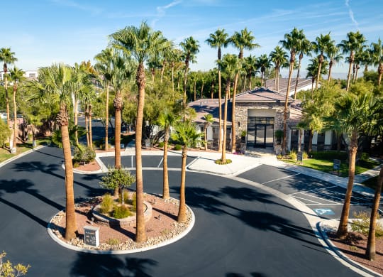 a roundabout with palm trees in front of a building