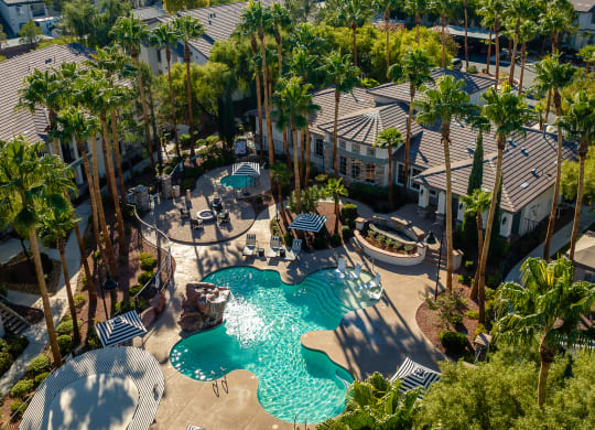 an aerial view of the pool and amenities at the resort