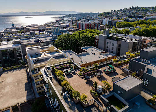 Aerial view of rooftop terrace and surrounding neighborhood at Axis Seattle Apartments, Seattle, 98109