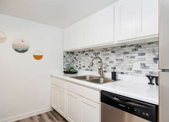 A kitchen with white cabinets and a black dishwasher.