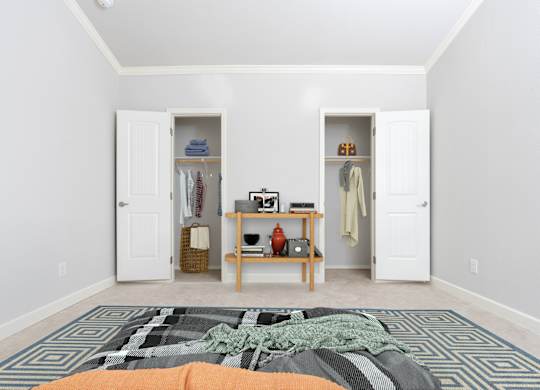 A room with two white doors and a rug on the floor.