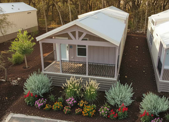 A small house with a porch surrounded by a flower garden.