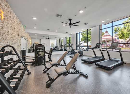 A gym with treadmills, weights, and a ceiling fan.