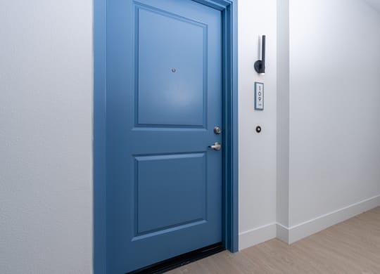 Entrance to apartment with a blue door